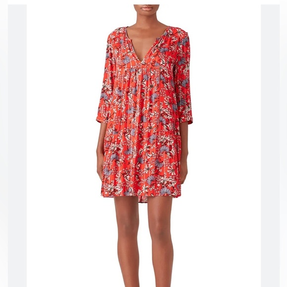 BA&SH Eve Smoked Tunic Dress Red Floral Large - Picture 1 of 8